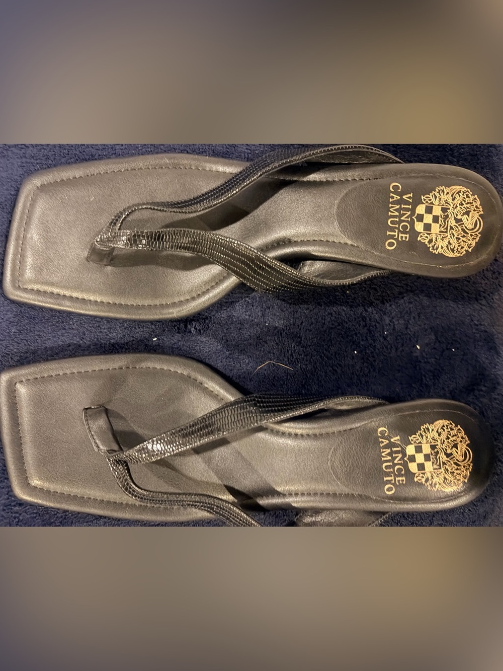 Vince Camuto Black Square-Toe Thong Sandals with Gold Crest